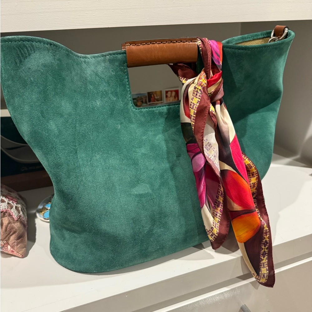 Elegant Green Suede Tote Bag with Scarf Accent